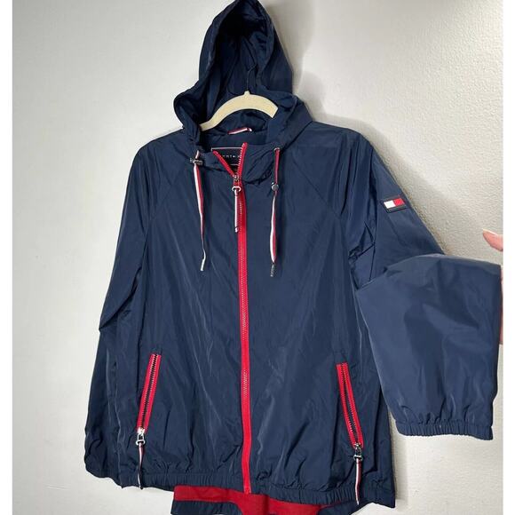Tommy Hilfinger Navy Blue Red Trim Hooded Long Sleeve Zip Windbreaker Jacket S - Picture 3 of 12